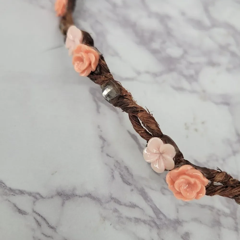 Floral Braided Headband Crown with Pink and Peach Flowers Bohi Hippie Festival